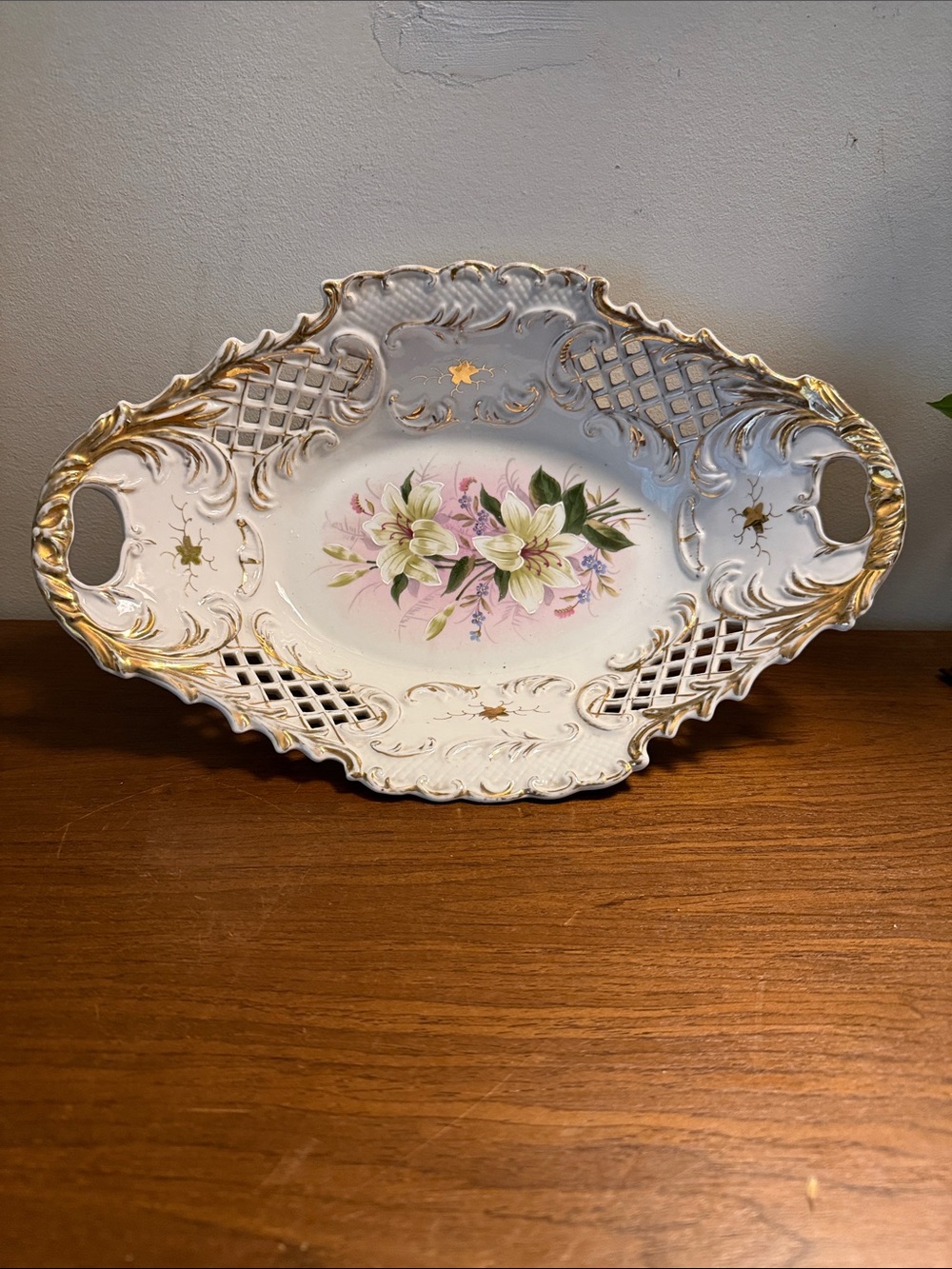 Antique Porcelain Basket LARGE 13 1/2"  Reticulated & Handled Early German